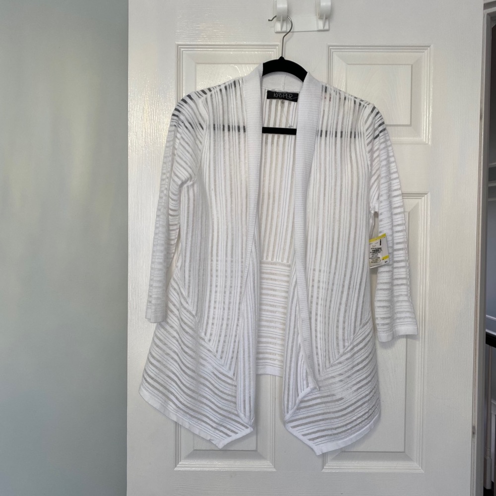 Kasper cascade cardigan lily white M sheer stripe
